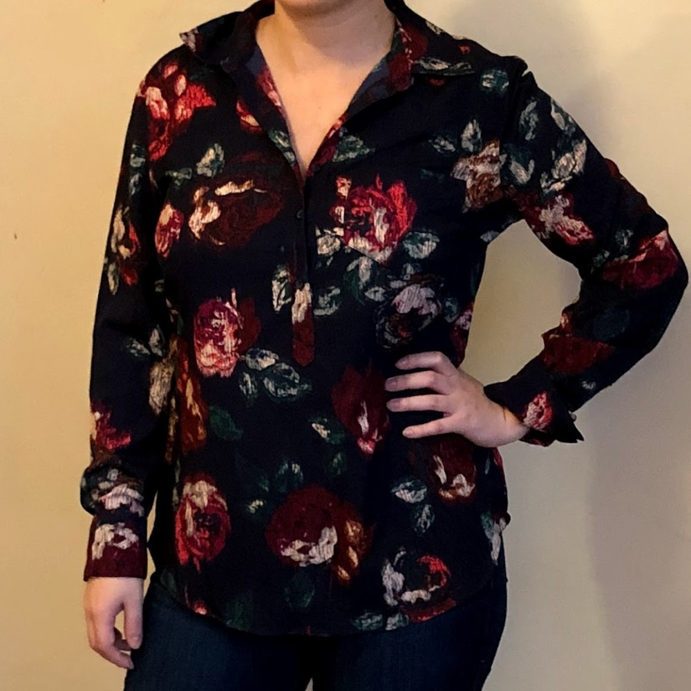 Flowered Silky Collared Blouse